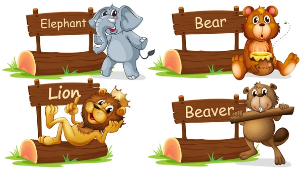 Four wild animals with wooden sign — Stock Vector