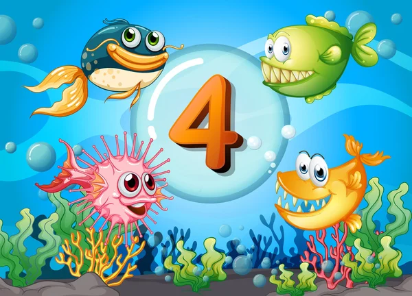 Flashcard number 4 with 4 fish underwater — Stock Vector