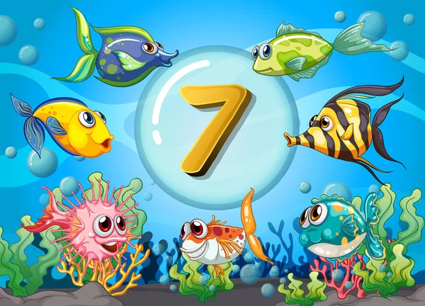 Flashcard nummer sju wit 7 fiskar under vattnet — Stock vektor