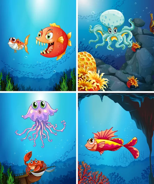 Cuatro escenas de animales marinos en el mar — Vector de stock