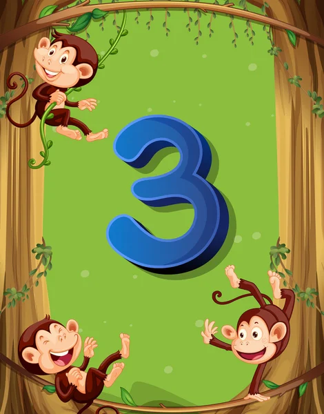 Nummer drei mit 3 Affen auf dem Baum — Stockvektor