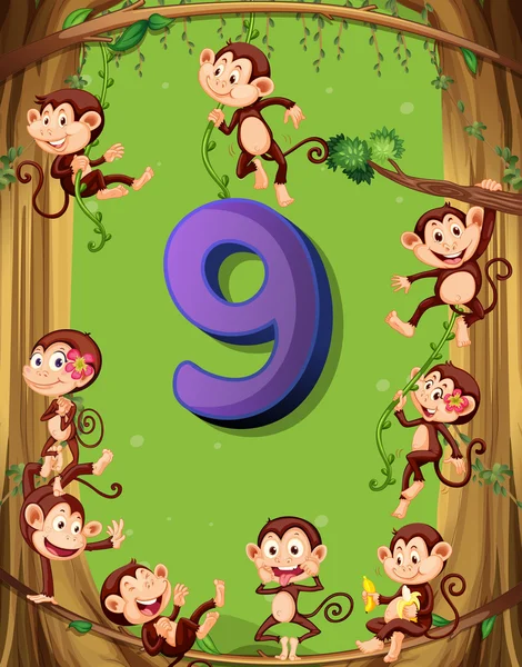 Numero nove con 9 scimmie sull'albero — Vettoriale Stock