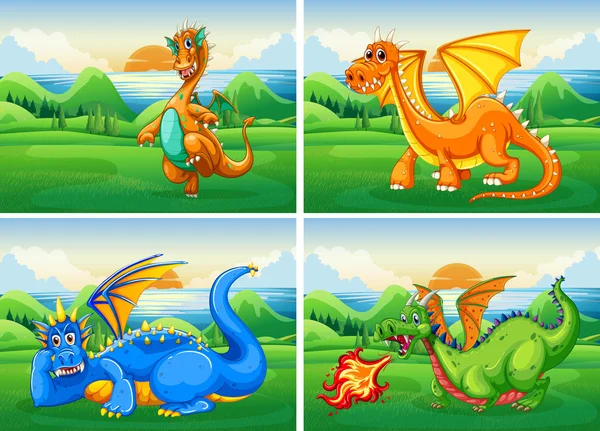 Cuatro dragones en el campo — Archivo Imágenes Vectoriales