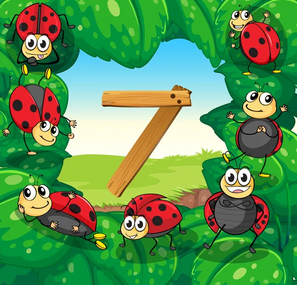 Number 7 with 7 ladybugs on leaves — Stock Vector