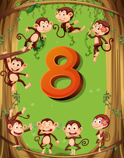 Αριθμός οκτώ με 8 πιθήκους πάνω στο δέντρο — Διανυσματικό Αρχείο