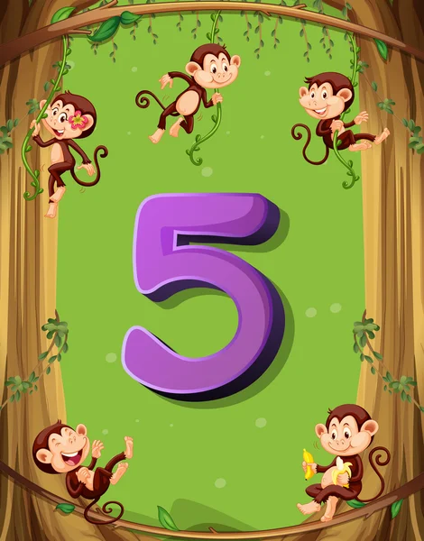나무에 번호 5 5 원숭이 함께 — 스톡 벡터