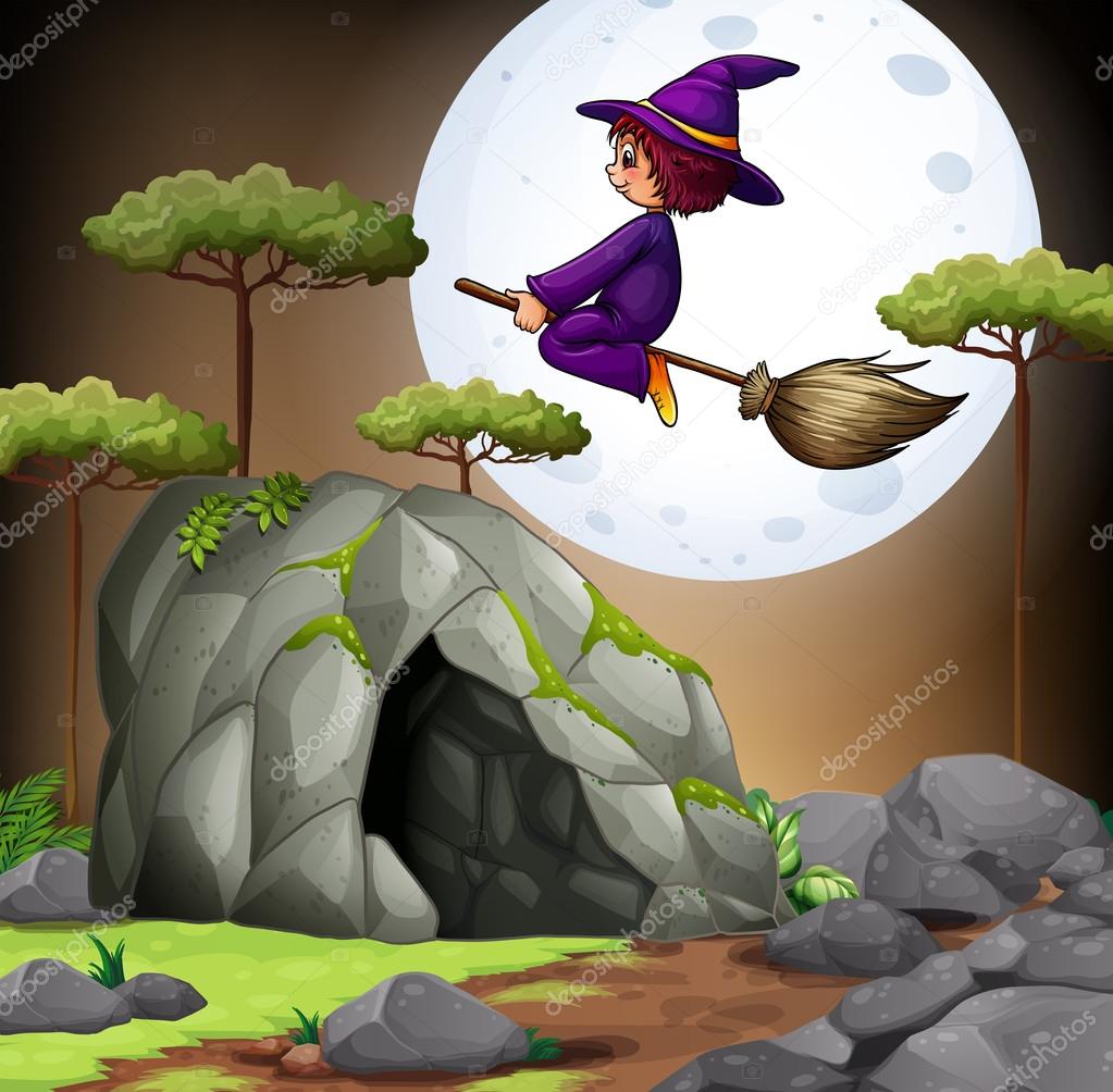 Witch flying over the cave