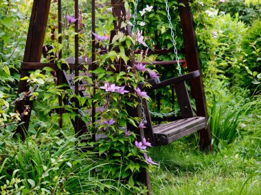 Çiçek bahçesindeki bankta.