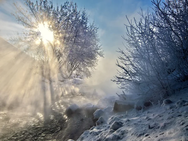 Foggy sunrise on a winter river. — Stock Photo, Image