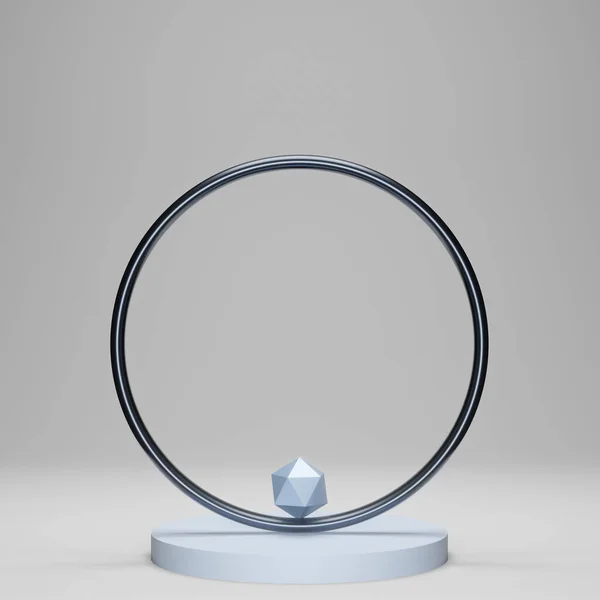blue crystal circle on pedestal, 3d render. monochrome color