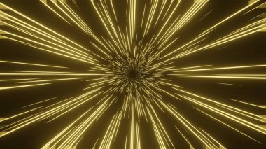 Siyah arkaplanlı, soyut, parlak altın çizgilerin 3D çizimi, yıldız deneme taklidi 