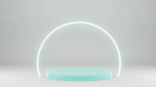 3D render still life with glowing circle on light blue color pedestal, empty space for text or object