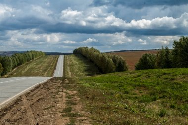 Ağaçlı ve fırtınalı bulutlu kır yolu