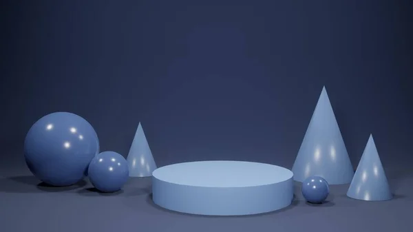 Weergave Van Stilleven Met Geometrische Vormen Lege Ruimte Donkerblauwe Monochrome — Stockfoto