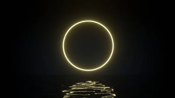 Återgivning Glödande Tom Cirkel Vattenytan Med Ljusreflektion — Stockfoto
