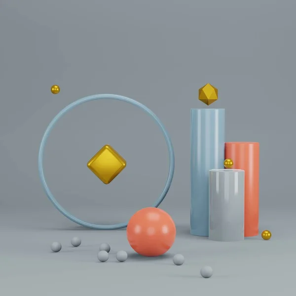 Geometrik çokrenkli şekiller ve boş uzay ile hareketsiz yaşamın 3d canlandırması