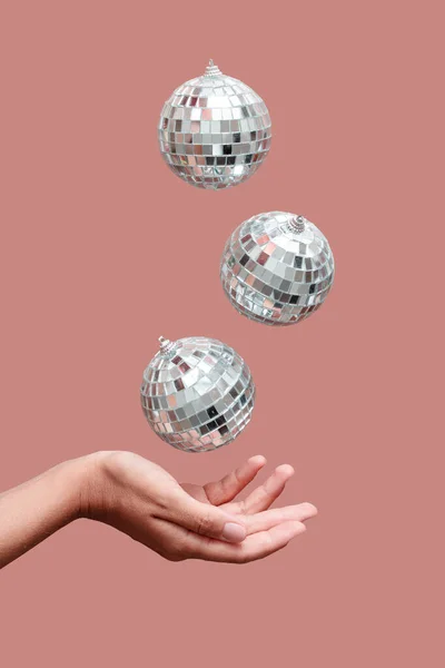 Disco Ball Floating Air Hand Beige Background — Stock Photo, Image