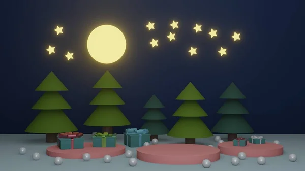 Karácsonyfa Ajándékok Éjszaka Hold Csillagok Render — Stock Fotó
