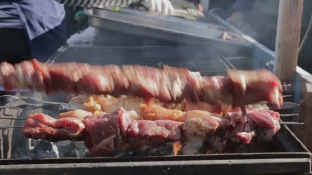 Koken van vlees barbecue in brand — Stockvideo