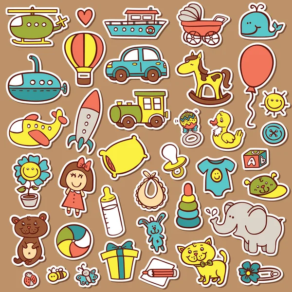 Funny bebé juguetes pegatinas conjunto . — Vector de stock