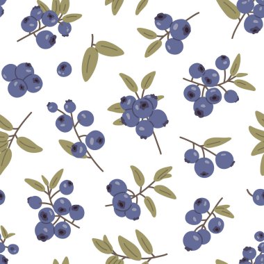 Elle çizilmiş böğürtlen ve düz çizgi film tarzında yapraklarla dikişsiz yaban mersini deseni. Tekstil, ambalaj kağıdı, çocuk ürünleri ve doğal temalı arka planlar için şirin botanik tasarımı.