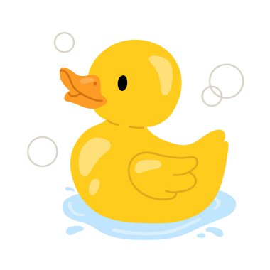 Sabun köpükleriyle suda yüzen sevimli sarı plastik ördek. Çocuk ürünleri, çocuk dekorasyonu, eğitim malzemeleri ve çocuklara uygun tasarımlar için harika banyo zamanı illüstrasyonları.