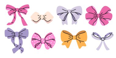 Düz çizgi film tarzında 8 renkli fiyonk seti. Çocukların tasarımı, ambalajı, koleksiyon defteri, kutlama dekorasyonu veya dijital çıkartmalar için basit geçmişe dönük kurdele unsurları.