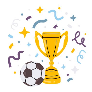 Futbol topu ve şenlikli konfetiyle altın kupa gösterimi. Sevimli düz stil, parlak renkler / renkler, hatları yok. Spor, futbol, çocuk tasarımı ve zafer teması için mükemmel..