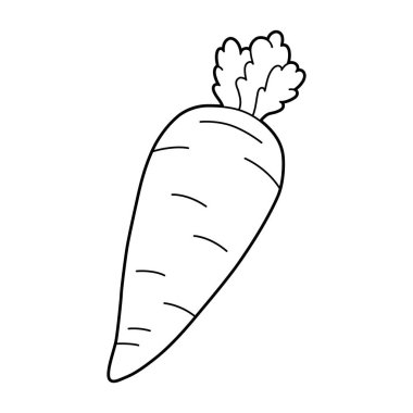 Beyaz arka planda izole edilmiş bir havucun siyah beyaz tasviri. Boyama / boyama sayfaları, çocuk aktiviteleri, spor temaları ve eğitim tasarımları için basit çizgi sanat topu.