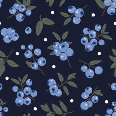 Dotterd dikişsiz yaban mersini desenli, el yapımı böğürtlen ve düz çizgi film tarzında yapraklar. Tekstil, ambalaj kağıdı, çocuk ürünleri ve doğal temalı arka planlar için şirin botanik tasarımı.