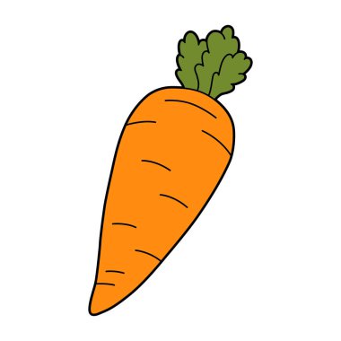 Yeşil yapraklı parlak çizgi film havucu, kalın hatlı düz vektör çizimi. Sağlıklı gıda tasarımları, çocuk çizimleri, eğitim, ambalaj, çıkartmalar ve menüler için izole edilmiş sebze ikonu.