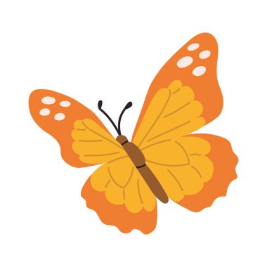 Vektör kelebek çizimi, temiz ve basit bir şekilde. Ana hatları olmayan düz böcek tasarımı, çocuk projeleri, doğa temaları, eğitim materyalleri, posterler, çıkartmalar ve çocuk odası grafikleri için uygun.