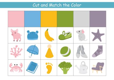 Çocuklar için eğitici kesim ve renk etkinliği. Renkli kareler ve çocukların renklerine göre eşleşmesi için çeşitli nesneler, anaokulu eğitimi ve iyi motor beceri pratiği için ideal çalışma tablosu.