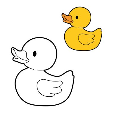 Şirin ördek vektör çizimi ve özet boyama sayfası. Temiz çizgileri ve düz renkli versiyonu olan basit bir çizgi film ördek yavrusu. Çocuk boyama kitapları, çocuk tasarımı, eğitim ve çocuk aktiviteleri için mükemmel.