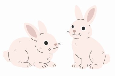 İki tavşanın sevimli bir tasviri. Yumuşak çizgi film tarzında tatlı hayvan karakterleri, çocuk tasarımları, Paskalya temaları, çocuk dekorları, kartlar ve eğitim malzemeleri için mükemmel..