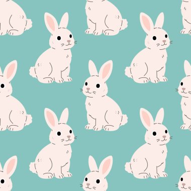 Beyaz paskalya tavşanları ve pastel arka planda kusursuz desenler. Yinelenen düz çizgi film tavşanları. Paskalya tasarımları, çocuk baskıları, ambalaj kağıdı, tekstil, çocuk dekorasyonu ve bahar projeleri için mükemmel..