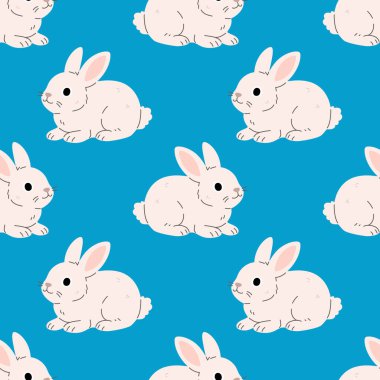 Beyaz paskalya tavşanları ve pastel arka planda kusursuz desenler. Yinelenen düz çizgi film tavşanları. Paskalya tasarımları, çocuk baskıları, ambalaj kağıdı, tekstil, çocuk dekorasyonu ve bahar projeleri için mükemmel..