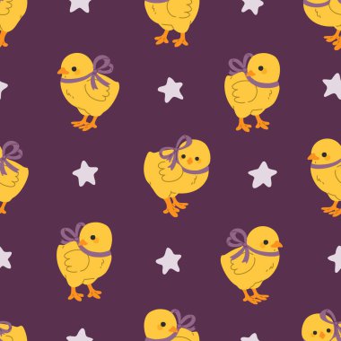 Pembe fiyonk takan sevimli sarı piliçler ve koyu arkaplanda küçük yıldızlar olan kusursuz Paskalya deseni. Ambalaj kağıdı, tekstil, çocuk odası dekoru ve şenlik tasarımı için bahar tatili illüstrasyonu.