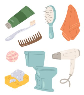 Düz vektör banyosu ve diş fırçası, diş fırçası, tarak, tarak, havlu, tuvalet, saç kurutma makinesi, sabun ve sünger dahil kişisel bakım seti. Açık arkaplanda izole edilmiş renkli çizgi film çizimi.