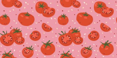 Pembe arka planda kırmızı domatesli retro pürüzsüz desen. El çizimi gıda çizimi, tekstil, ambalaj, duvar kağıdı, kumaş ve yüzey tasarımı için tekrarlanan mutfak baskısı.