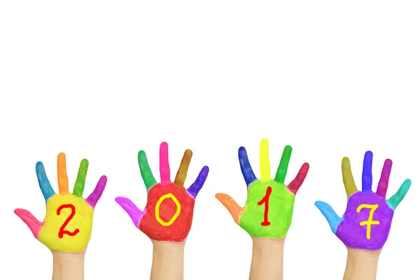 Crianças mãos coloridas formando o número 2017. Isolado em branco — Fotografia de Stock