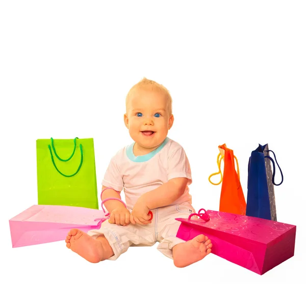 Winkel voor kinderen Happy baby met aankopen — Stockfoto