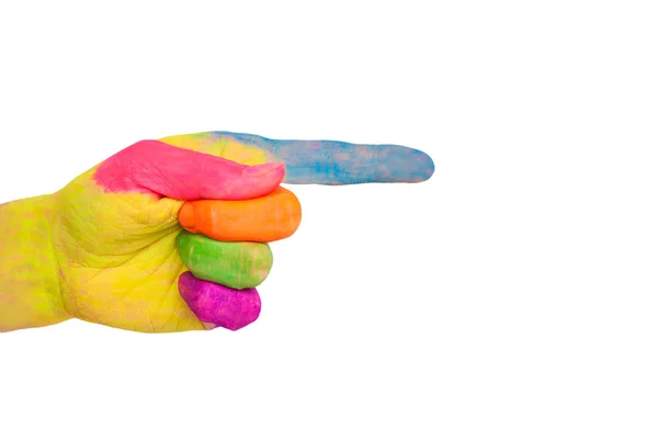 Zeigende bunte Hand, bereit für Text oder Symbole. — Stockfoto