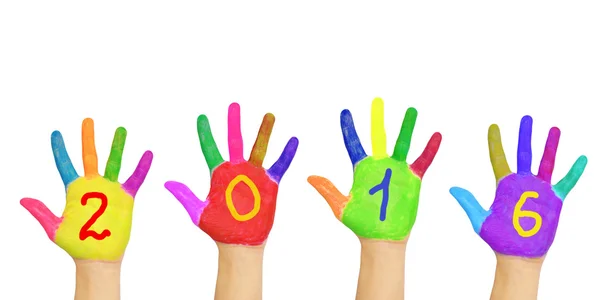 Kids colorful hands forming number 2016. — Stock Photo, Image