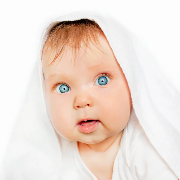 Surprised baby after bath on white background. — Stock Photo, Image