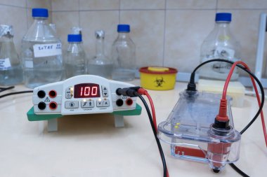 Yatay elektroforez için cihaz, DNA ayrımı, RNA molekülleri. DNA elektroforezi laboratuvarda yapılır..
