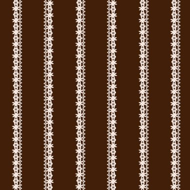 Kahverengi zemin üzerinde beyaz dantel kenarlık dikey iplikleri ile pürüzsüz desen.