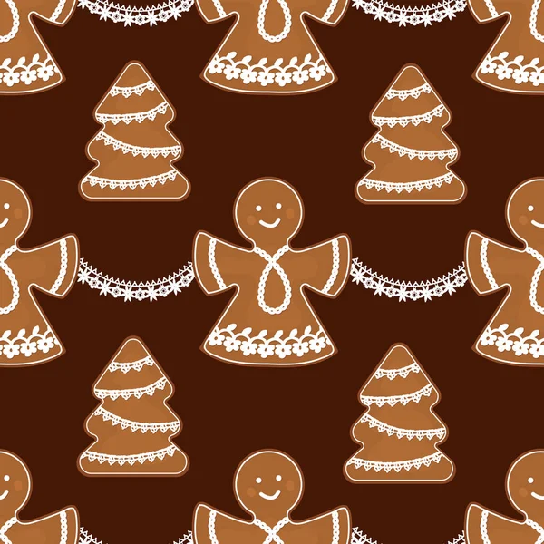 Panes Jengibre Ángeles Navidad Con Guirnaldas Caladas Árboles Navidad Decorados — Vector de stock