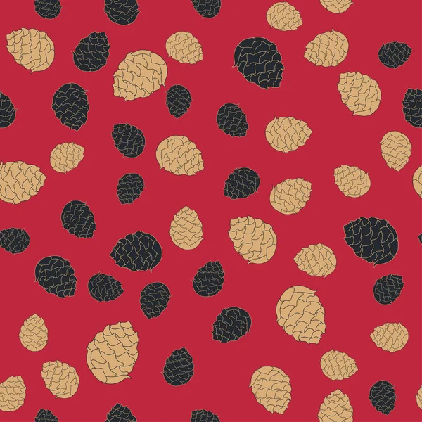 在无缝红色背景下 用黑色和金色做成的抽象的松果 适用于面料或礼品包装 — 图库矢量图片