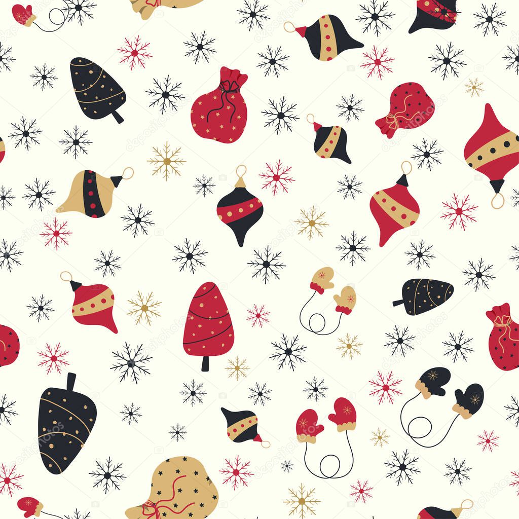 Seamless New Year s pattern with Christmas decorations, Santa Claus sack, winter mittens and snowflakes. Perfect for fabric or Christmas gift wrapping.
